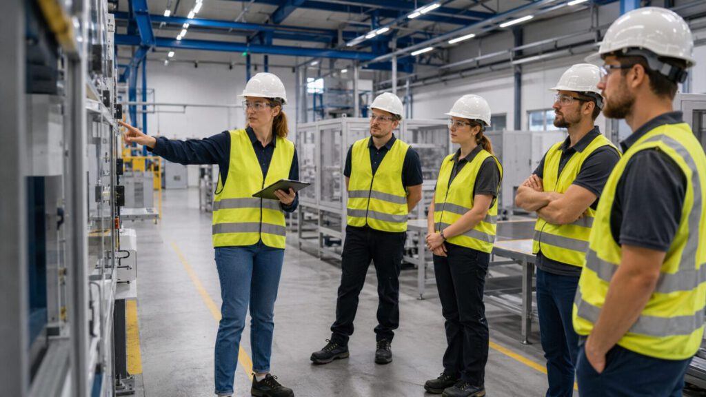 Fachkraft erläutert Arbeitsschutzmaßnahmen an einer technischen Anlage