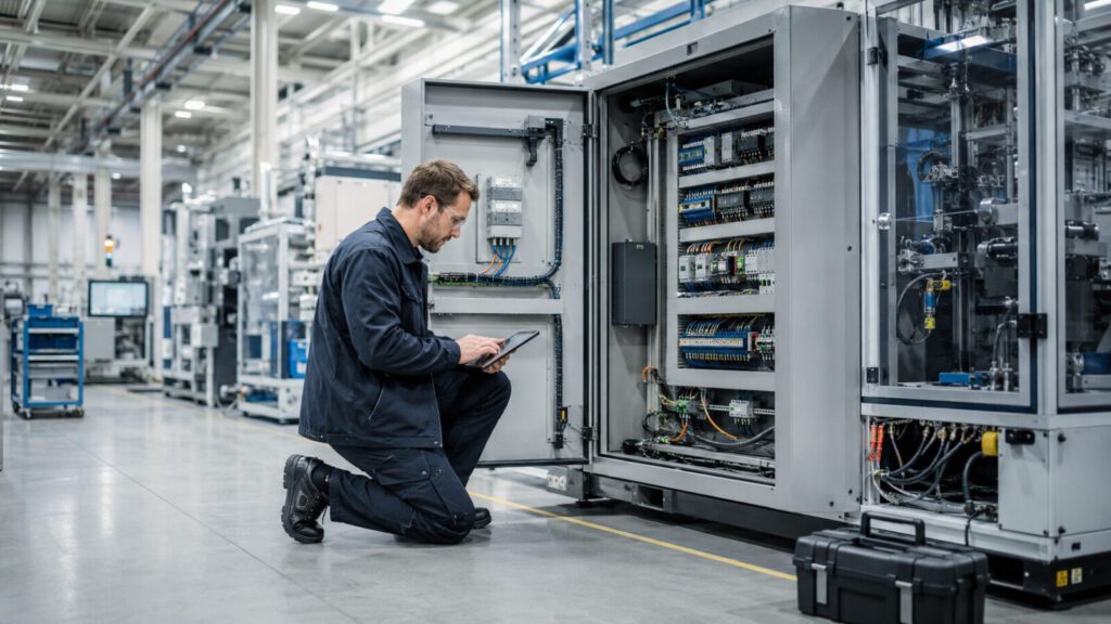 Technische Prüfung an einer elektrischen Anlage in einer Industriehalle