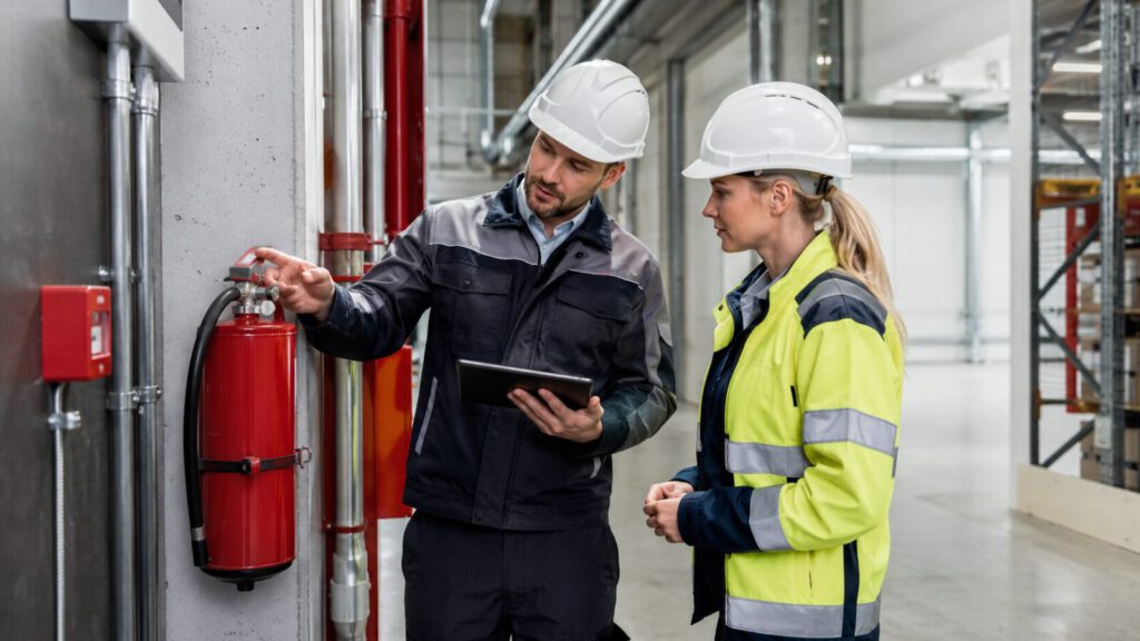 Beratung zum Brandschutz mit Feuerlöscher und Tablet in einem Betrieb