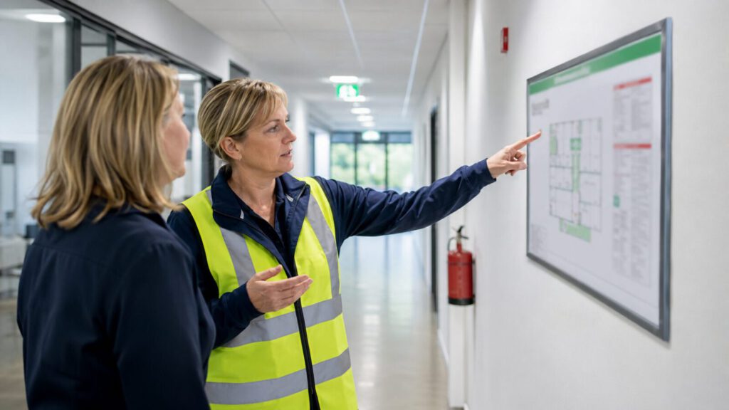 Besprechung eines Flucht- und Rettungsplans in einem Unternehmensflur