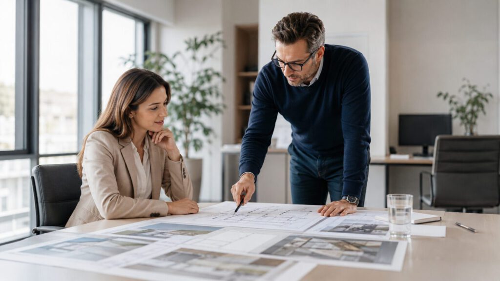 Fachliche Beratung zu Plänen und Unterlagen in einem modernen Büro