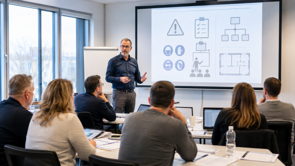 Arbeitsschutzschulung mit Präsentation in einem Seminarraum
