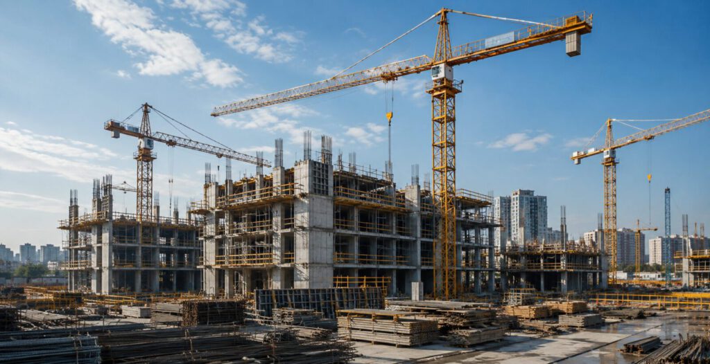 Baustelle mit Kränen und Rohbauarbeiten