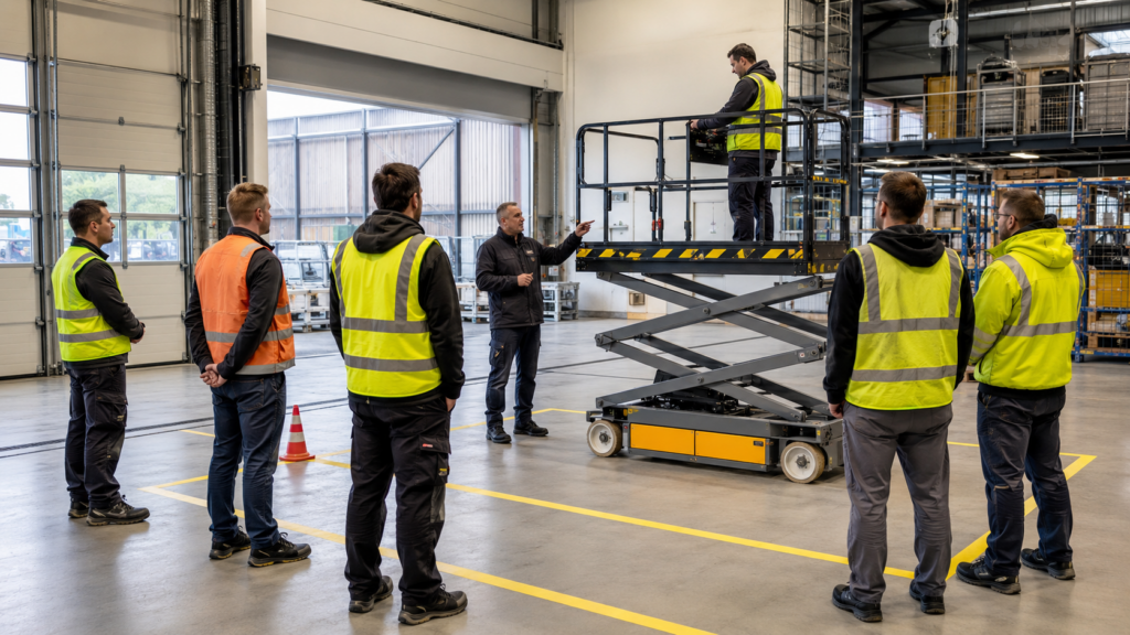 Unterweisung zum sicheren Führen einer Hubarbeitsbühne in einer Industriehalle