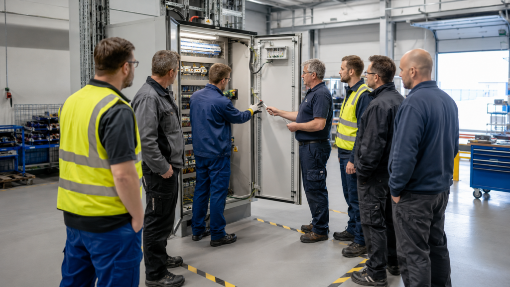 Technische Sicherheitsunterweisung vor einer elektrischen Anlage im Betrieb